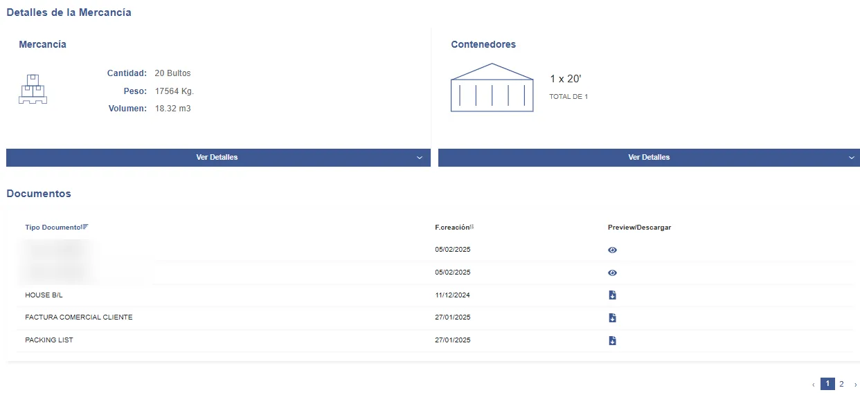 Detalles de la mercancía y documentos